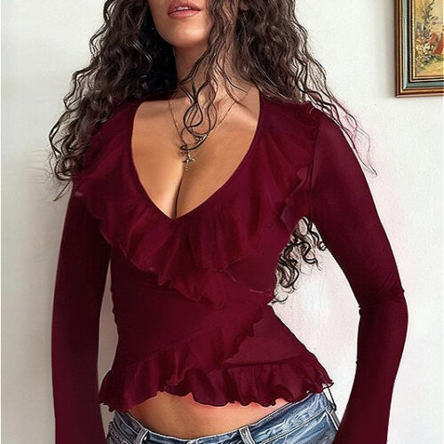 Ruffled Tie Front V Neck Cinched Asymmetric Long Sleeve Tee